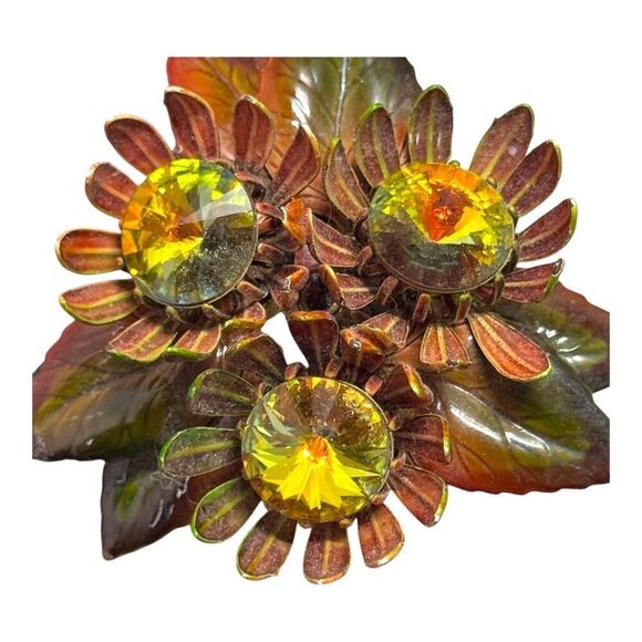 Vintage Sunflower Daisies Cluster Leaves Brooch AB Rhinestones & Enamel Leaves - Picture 2 of 5